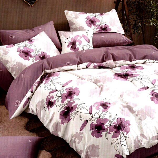 Lenjerie alba cu flori violet Super Elegant Pucioasa PUF8271