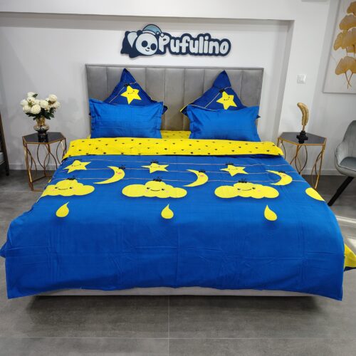 Lenjerie de pat albastru cu galben stelute si ursuleti