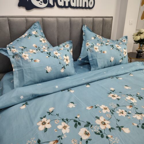 lenjerie de pat bleu cu floricele albe