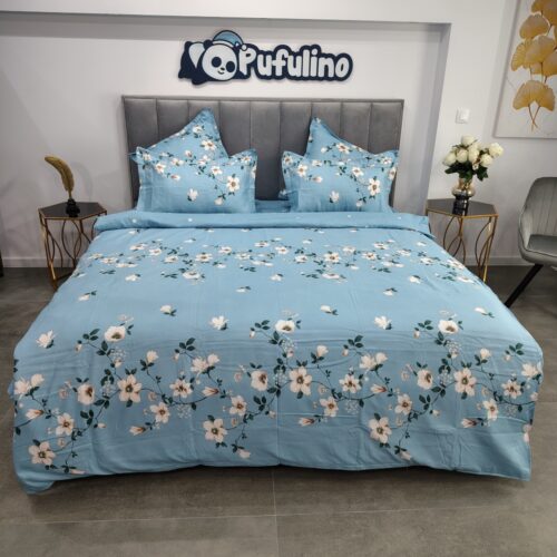 lenjerie de pat bleu cu floricele albe