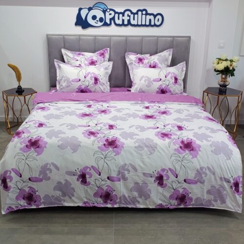 lenjerie de pat material finet alba cu flori de orhidee