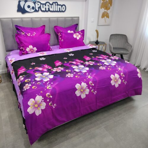 lenjerie de pat material finet mov cu floricele