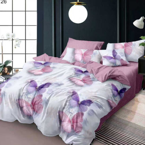 lenjerie alb roz pudra cu fluturi roz mov