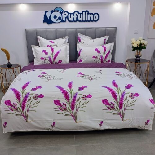 lenjerie de pat material finet alba cu flori de lavanda (2)