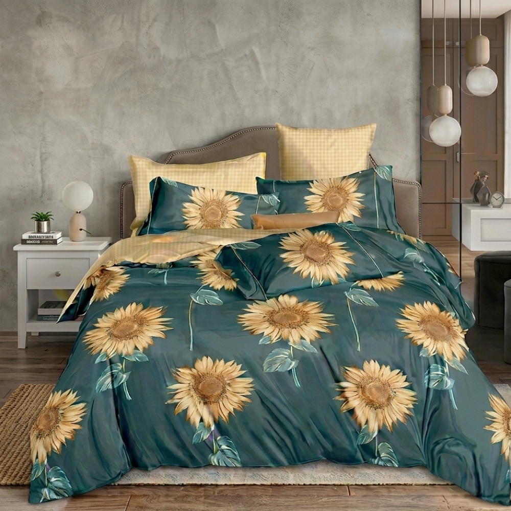 lenjerie de pat material finet turcoaz cu floarea soarelui (1) lenjerie de pat material finet turcoaz cu floarea soarelui