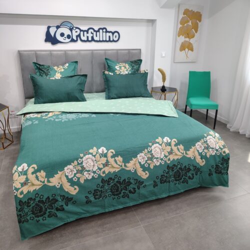 lenjerie de pat materrial finet verde cu ornamente