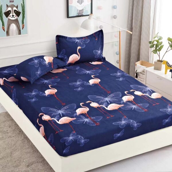 husa de pat cu elastic albastra cu flamingo