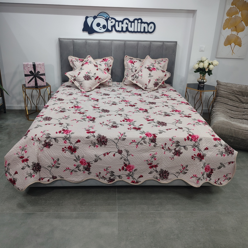 cuvertura de pat crem cu floricele rosii Set Cuvertura de Pat 5 Piese, Policoton, Pat 2 Persoane, 230×250 Cm - East Comfort - PUF93752 - imagine 2