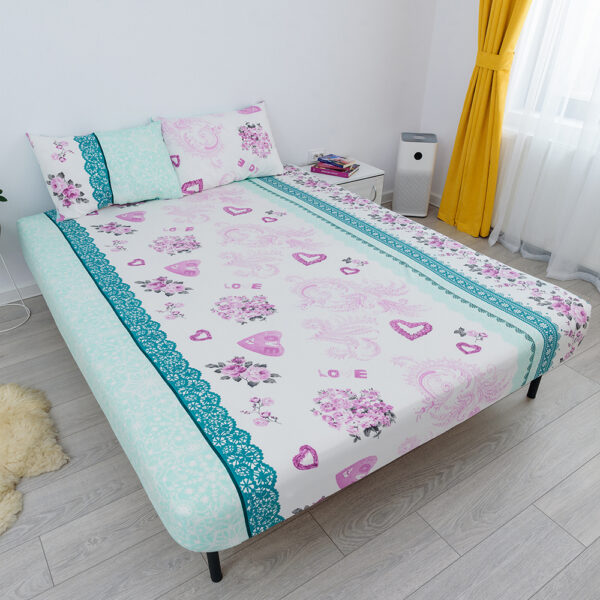 husa de pat cu elastic din bumbac 100% ranforce - albastru si roz