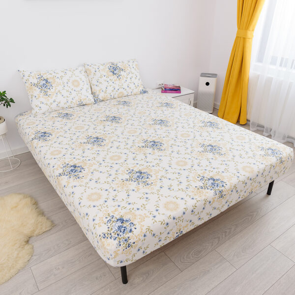 husa de pat cu elastic din bumbac 100% ranforce - flori galbene