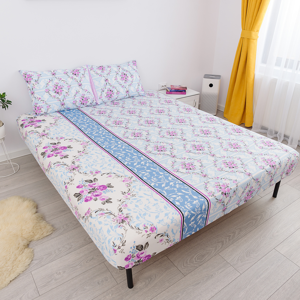 husa de pat cu elastic din bumbac 100% ranforce - flori roz