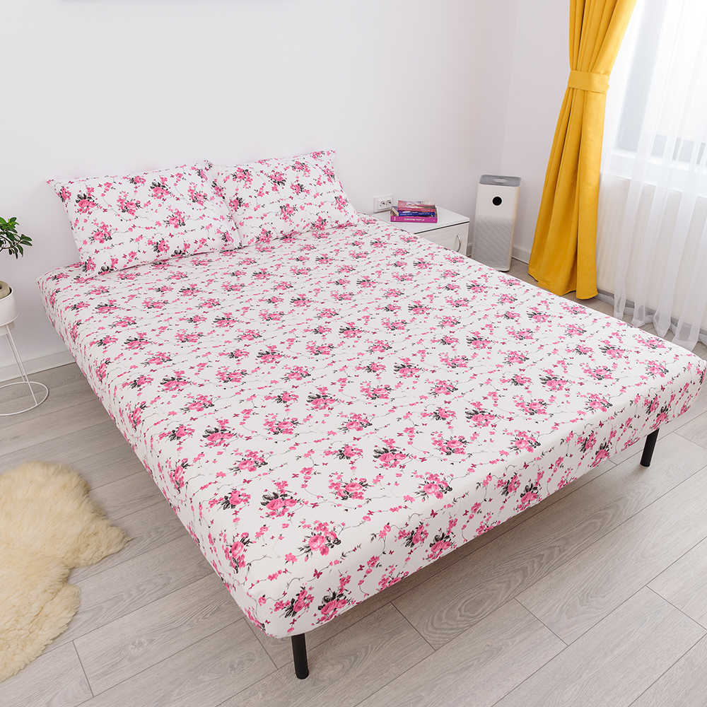 husa de pat cu elastic din bumbac 100% ranforce - floricele roz