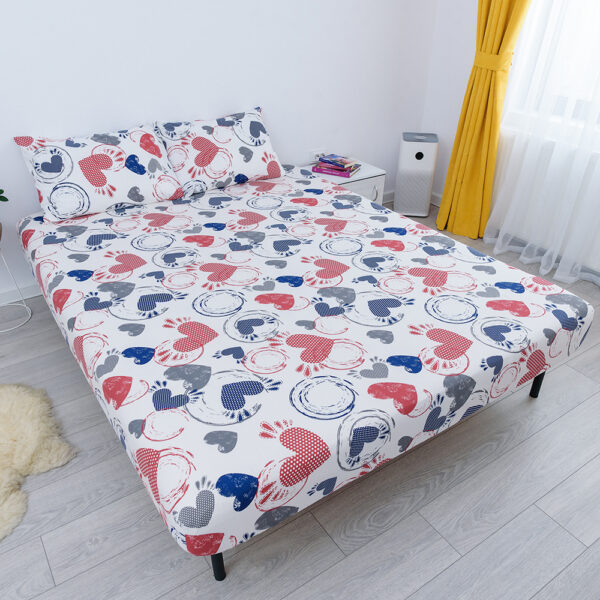 husa de pat cu elastic din bumbac 100% ranforce - inimioare rosii