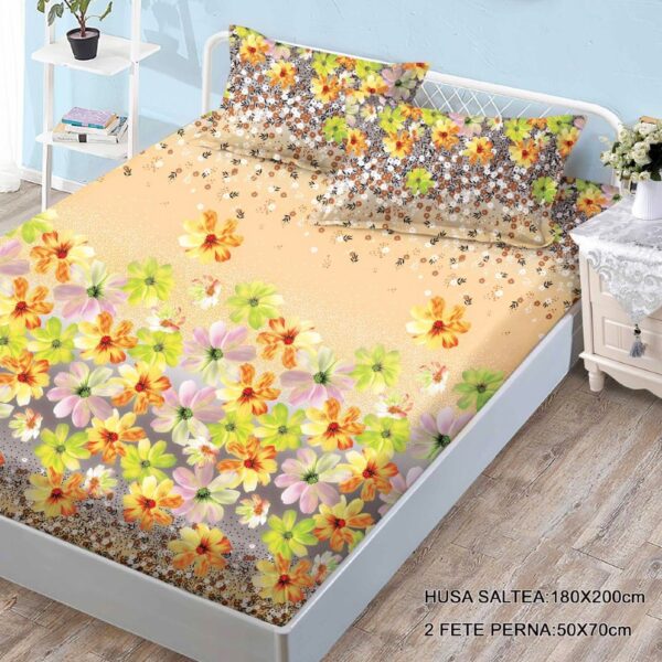 husa de pat finet cu 2 fete de perna cu flori multicolore
