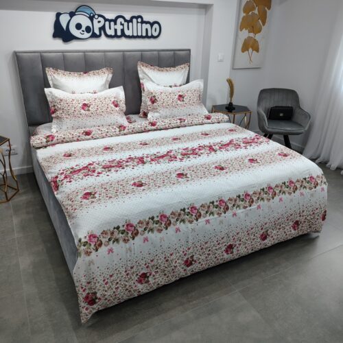 lenjerie de pat material finet alba cu floricele