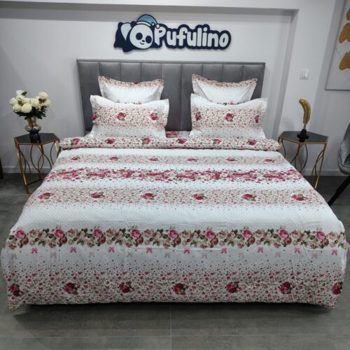 lenjerie de pat material finet alba cu floricele