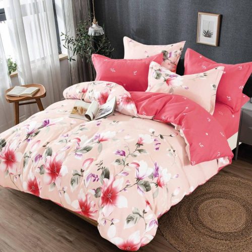 lenjerie roz-portocalie cu flori