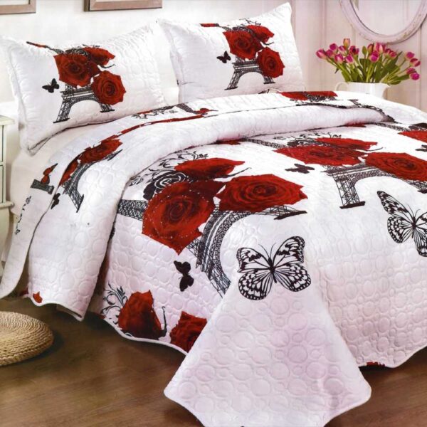 Cuvertura de pat alba cu trandafiri rosii