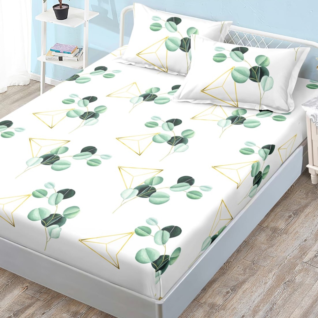 husa de pat cu elastic alba cu elemente verzi