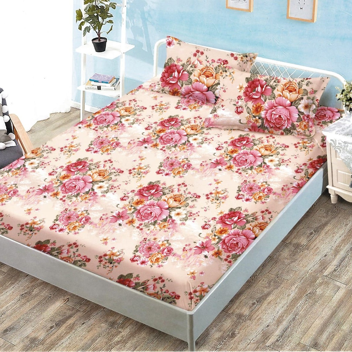 husa de pat cu elastic colorata cu trandafiri rosii