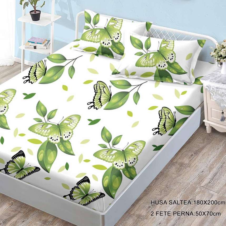 husa de pat cu elastic cu fluturi verzi