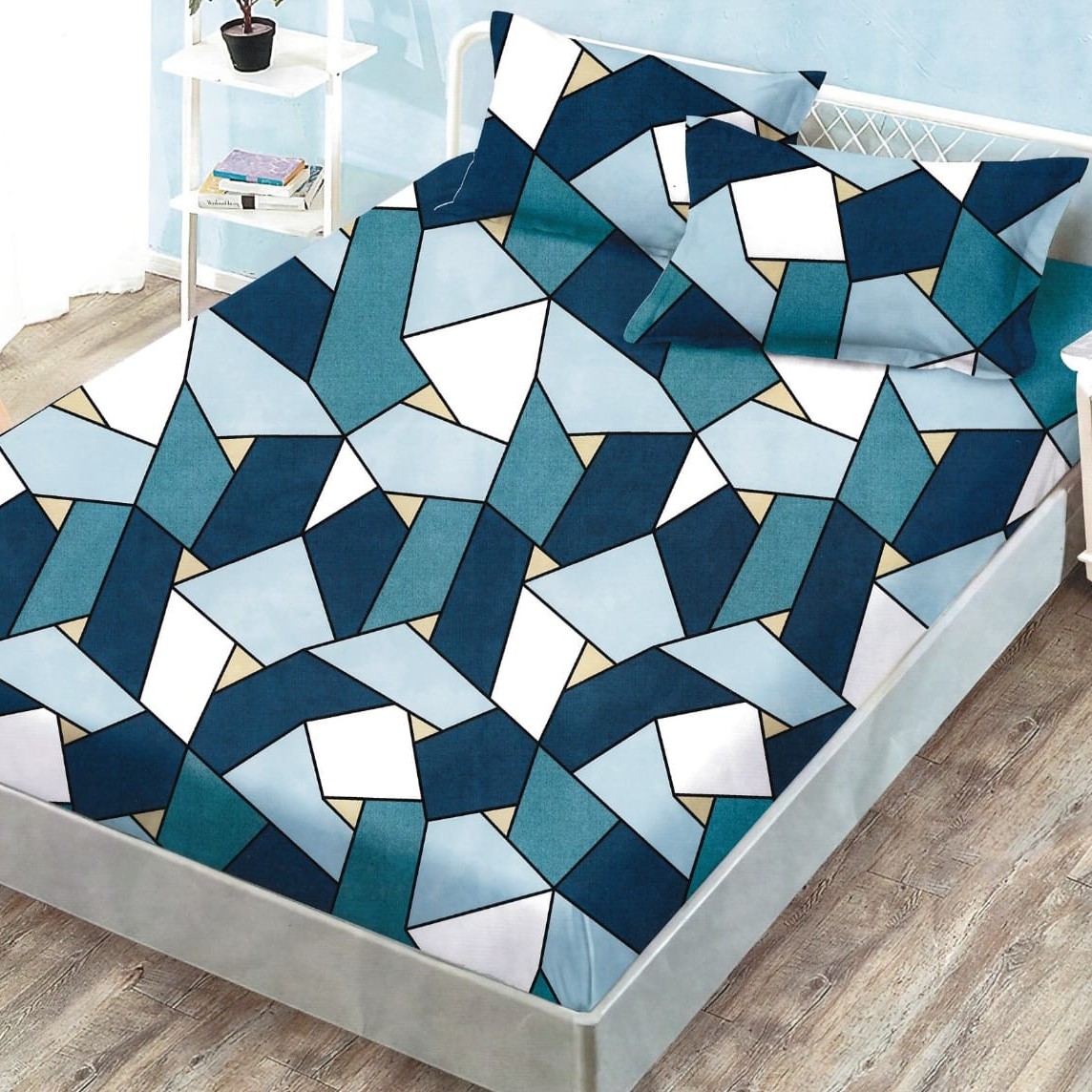 husa de pat cu elastic cu triunghiuri albastre