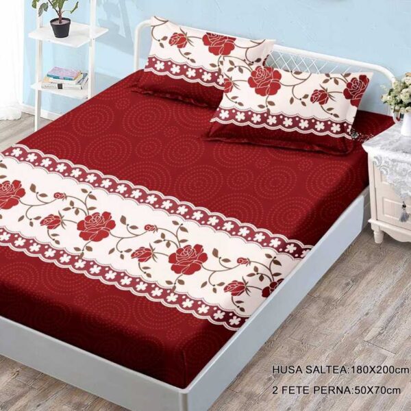 husa de pat cu elastic rosie cu trandafiri