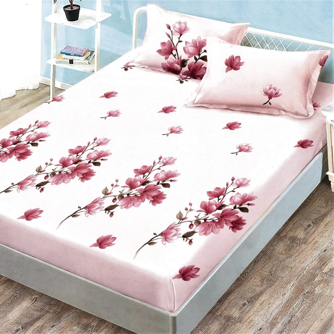 husa de pat cu elastic roz cu flori de cires