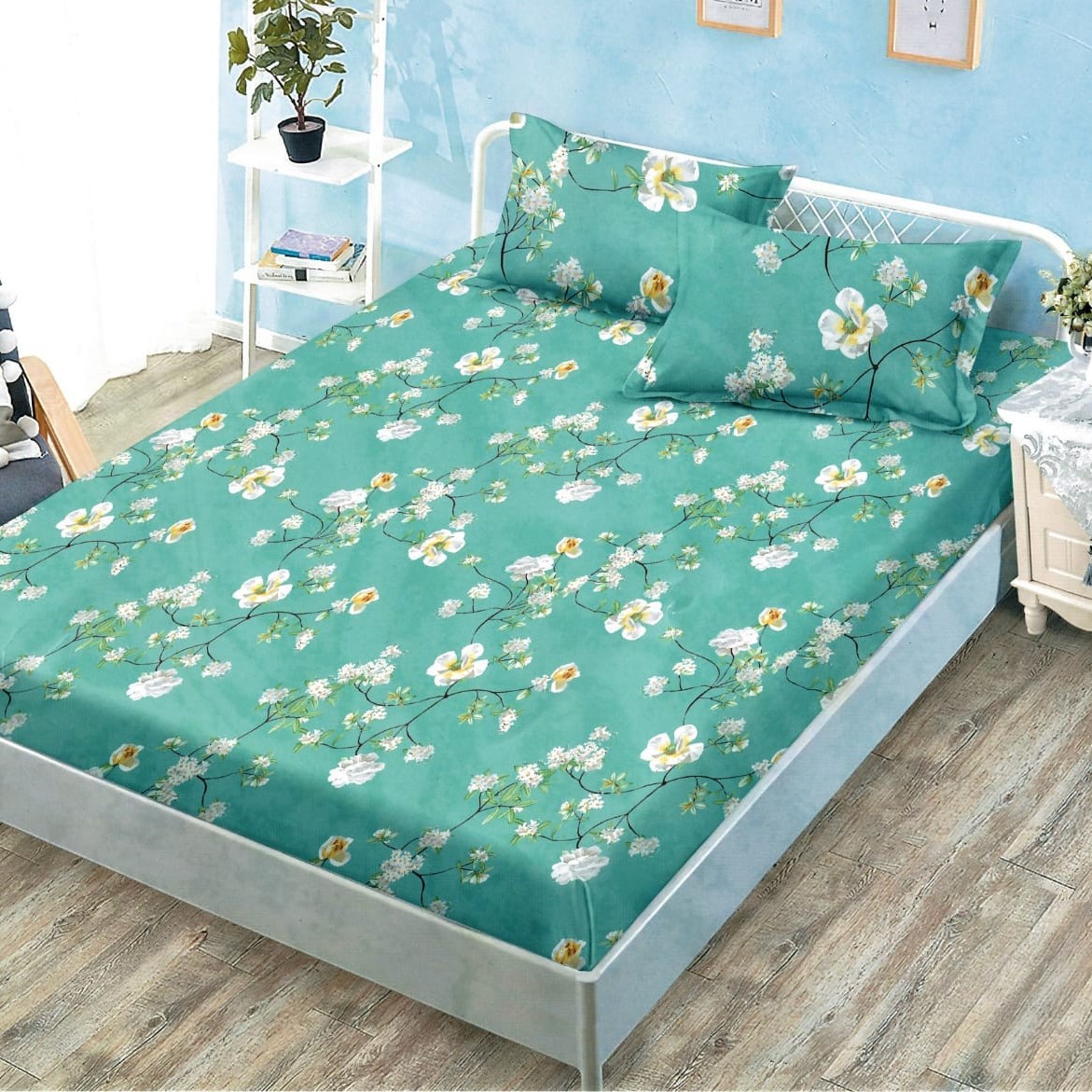 husa de pat cu elastic turcoaz cu floricele