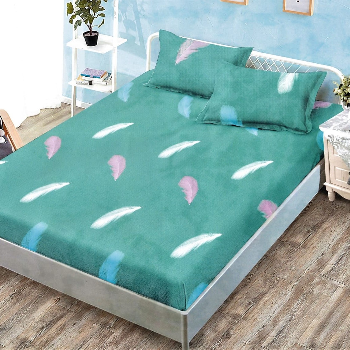 husa de pat cu elastic verde cu fulgi colorati