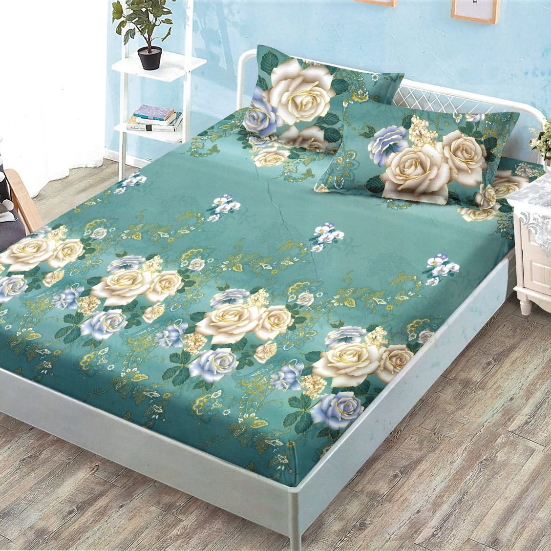 husa de pat cu elastic verde cu trandafiri galbeni