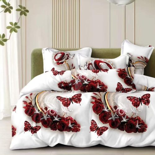 lenjerie bumbac satinat alb grena cu trandafiri