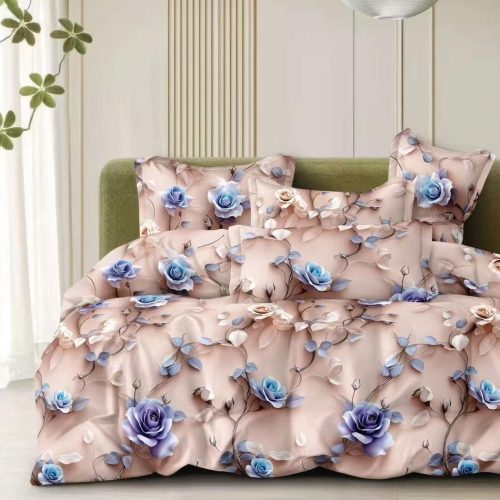 lenjerie bumbac satinat bej cu trandafiri mov