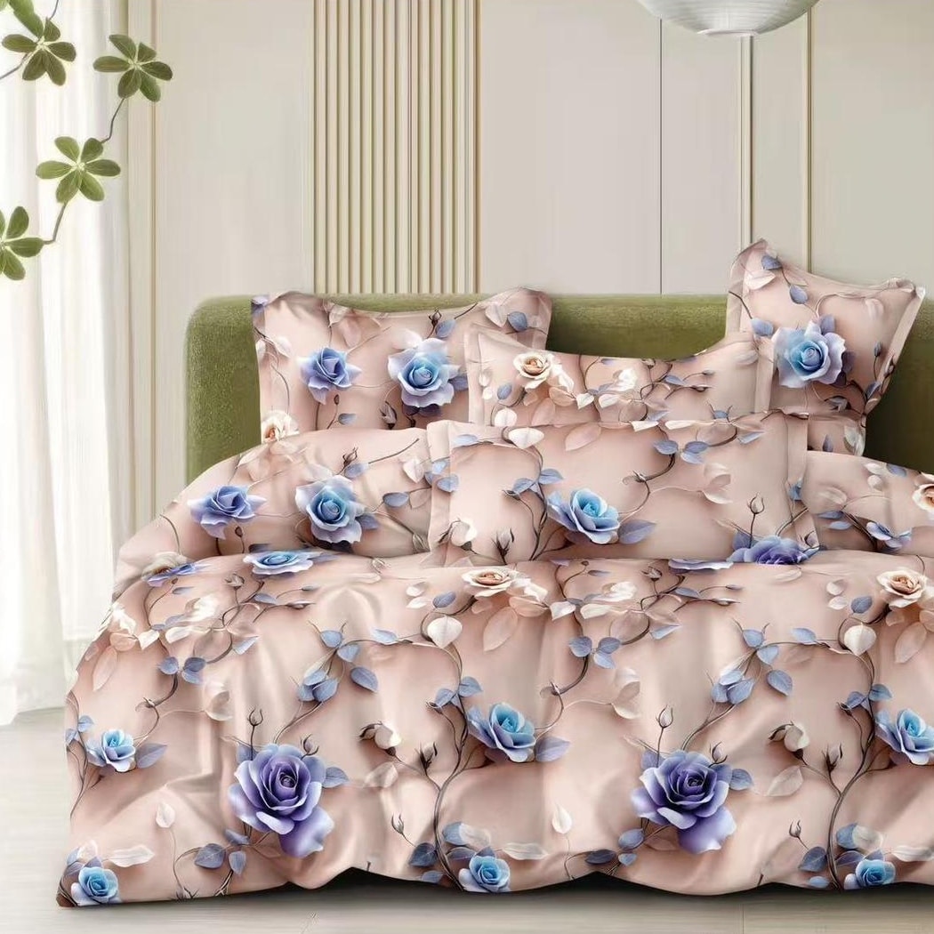 lenjerie bumbac satinat bej cu trandafiri mov lenjerie bumbac satinat bej cu trandafiri mov