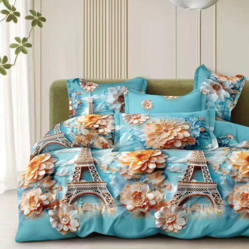 lenjerie bumbac satinat bleu cu turnul eiffel