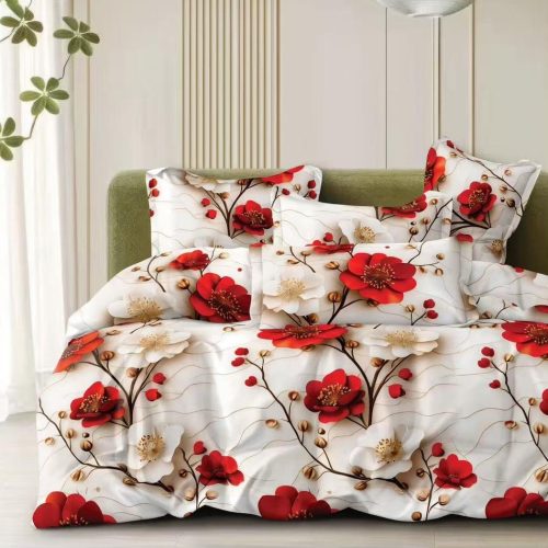 lenjerie bumbac satinat crem cu flori rosii