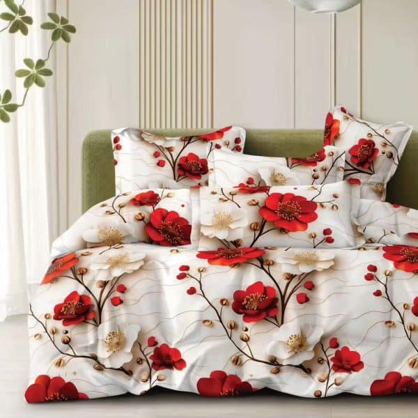 lenjerie bumbac satinat crem cu flori rosii