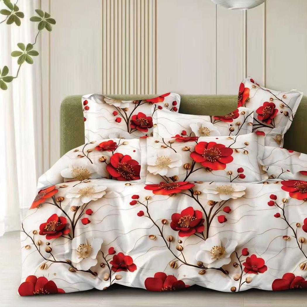 lenjerie bumbac satinat crem cu flori rosii lenjerie bumbac satinat crem cu flori rosii