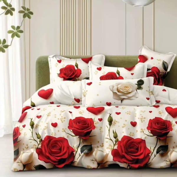 lenjerie bumbac satinat crem cu trandafiri rosii