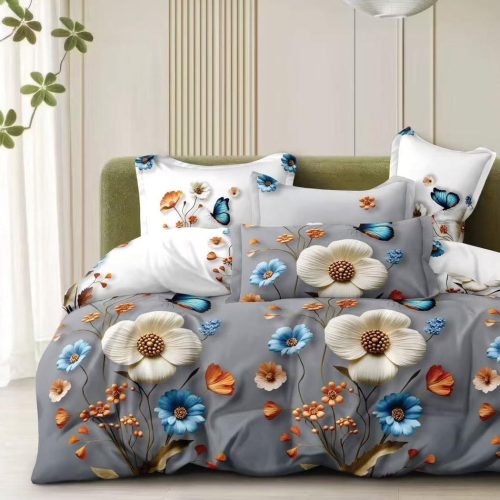 lenjerie bumbac satinat gri cu flori