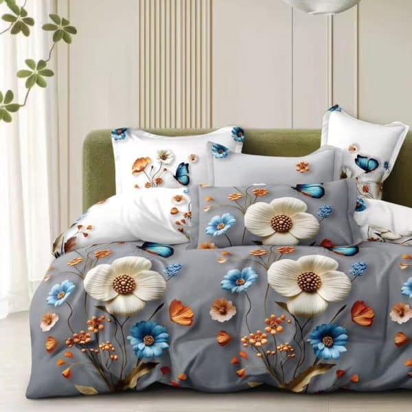 lenjerie bumbac satinat gri cu flori