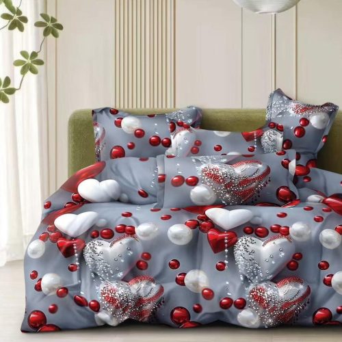 lenjerie bumbac satinat gri cu inimioare rosii