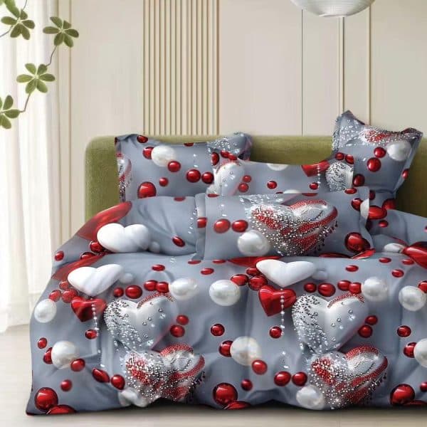 lenjerie bumbac satinat gri cu inimioare rosii