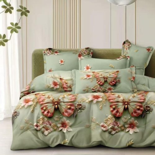 lenjerie bumbac satinat verde cu fluturi 3D