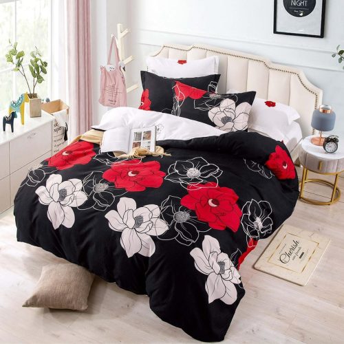 lenjerie cu elastic neagra cu flori albi-rosii