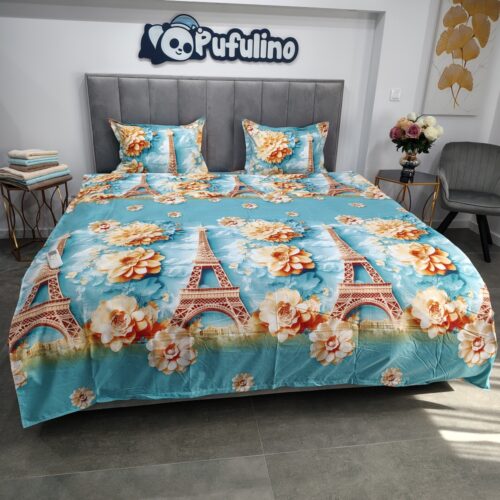 lenjerie de pat material satinat albastra cu flori portocalii