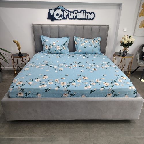 husa de pat bumbac finet bleu cu floricele