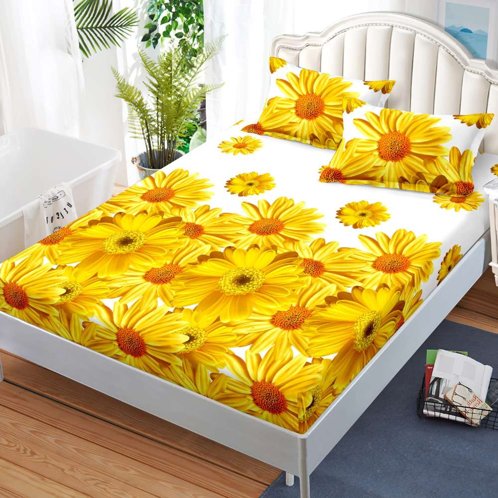 husa de pat cu elastic alba cu flori galbene