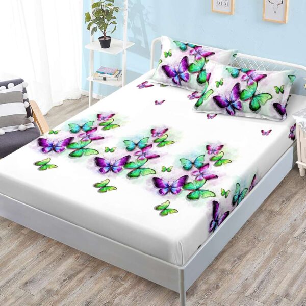 husa de pat cu elastic alba cu fluturi multicolor
