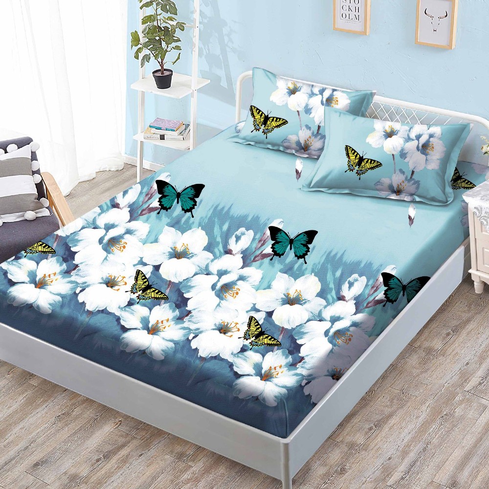 husa de pat cu elastic albastra cu fluturi si flori albe
